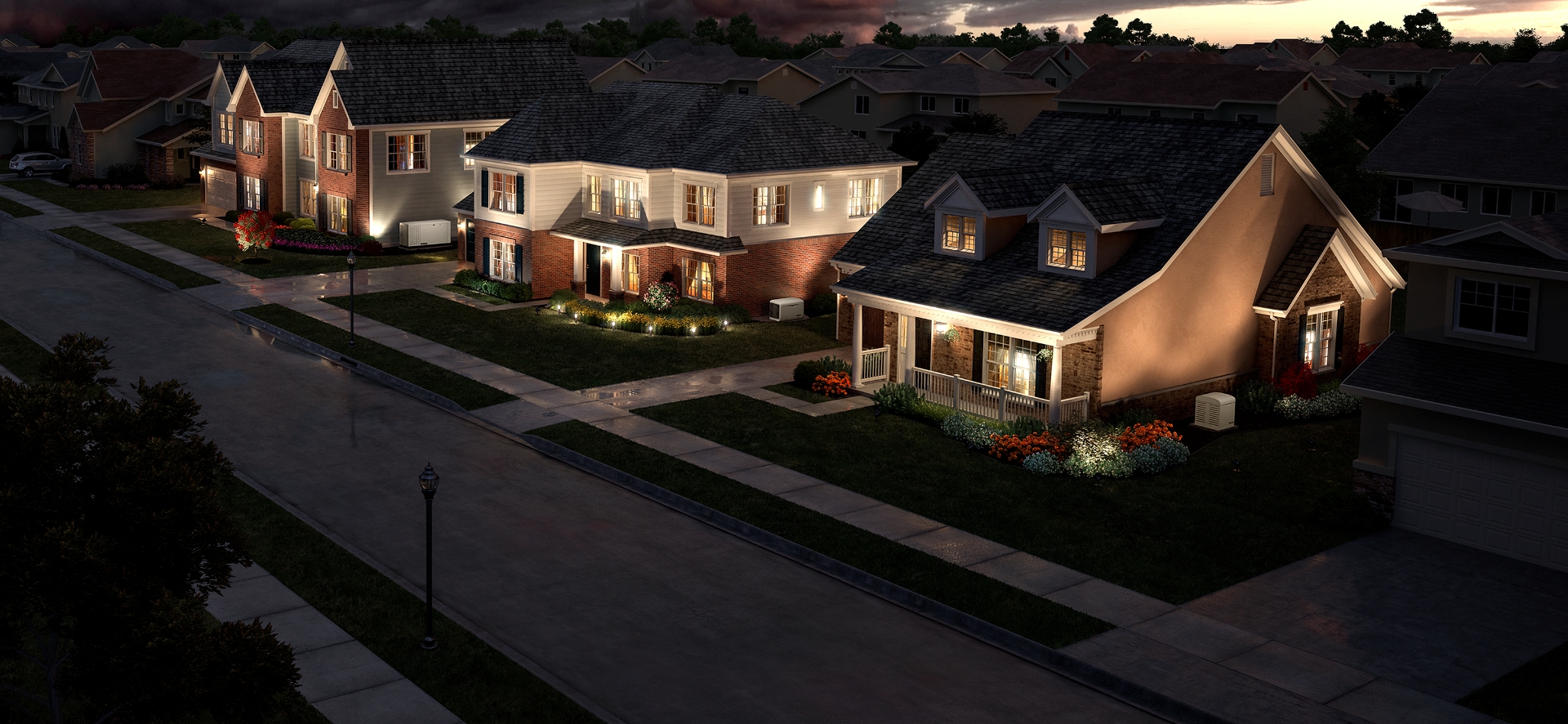 Neighborhood Scene The lights on in three houses of a neighborhood that is otherwise dark