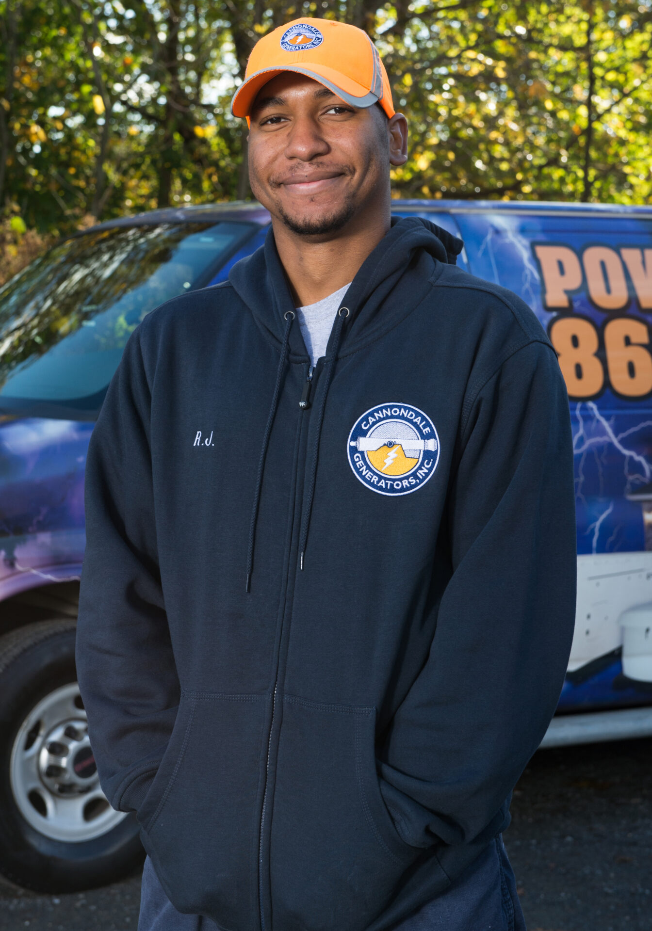 Cannondale team member in front of van